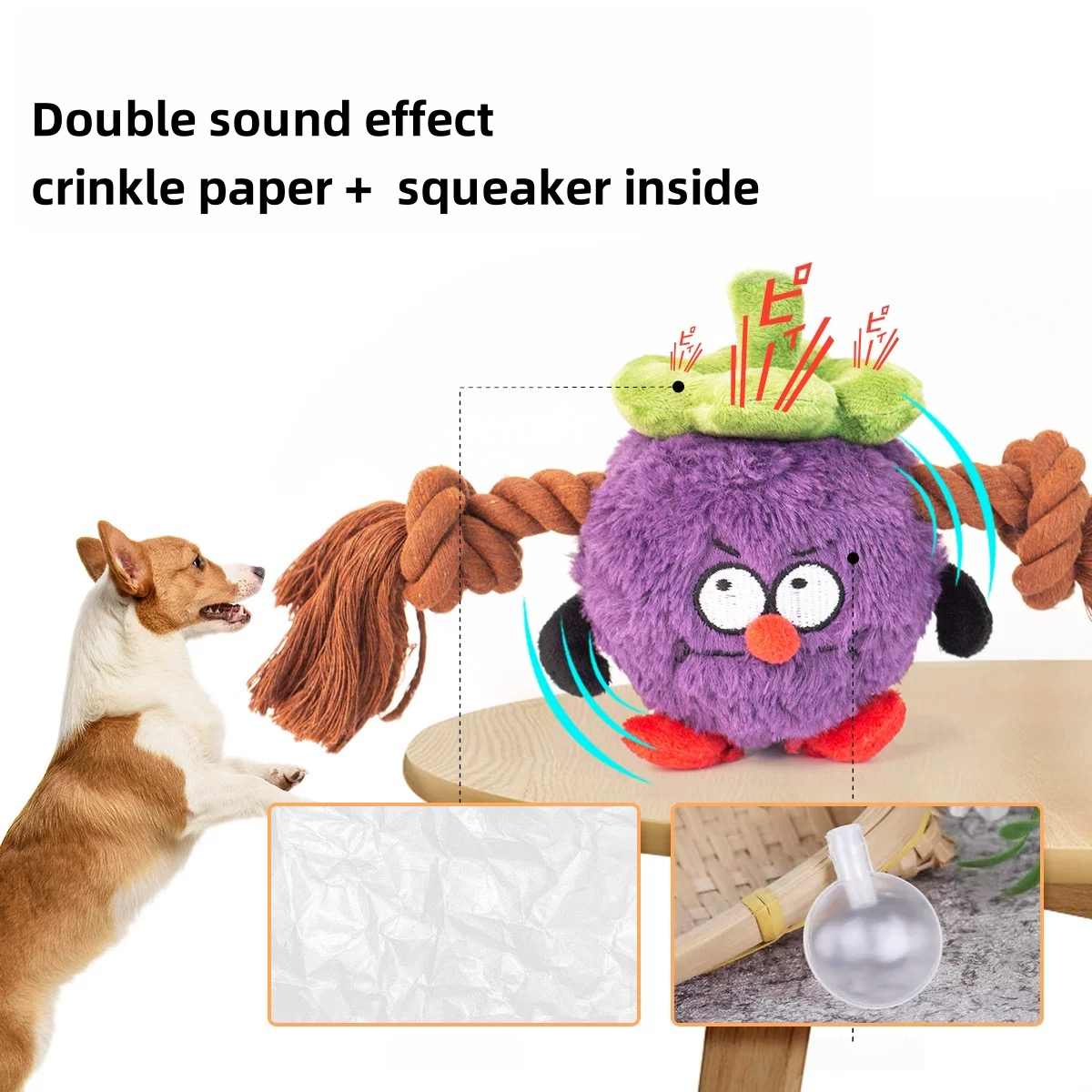 Mangosteen Plush Dog Toy with Squeaker & Rope – Soft, Cuddly & Fun to Chew
